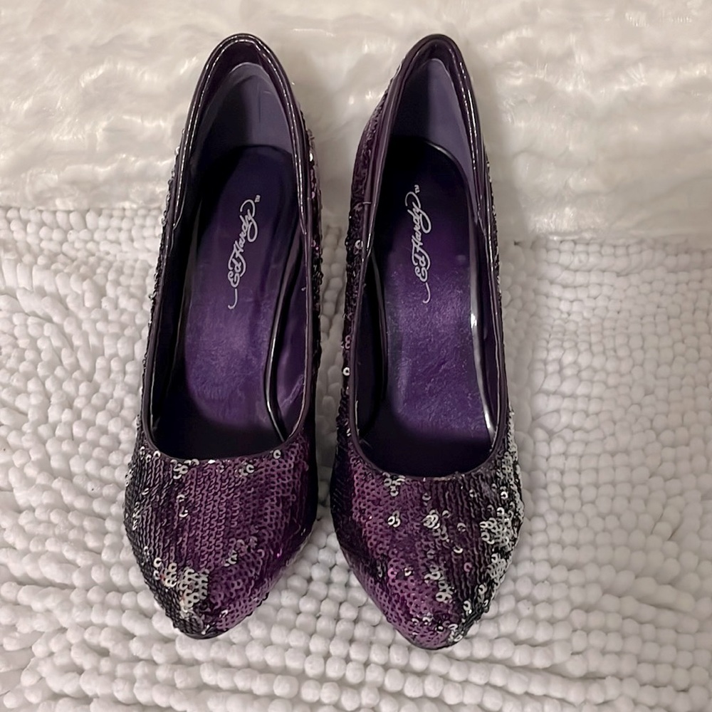 Ed Hardy purple/silver bling bling heels size 5 … never used them.